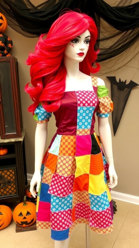 A DIY Sally costume with a patchwork dress and red wig, showcasing Halloween spirit.